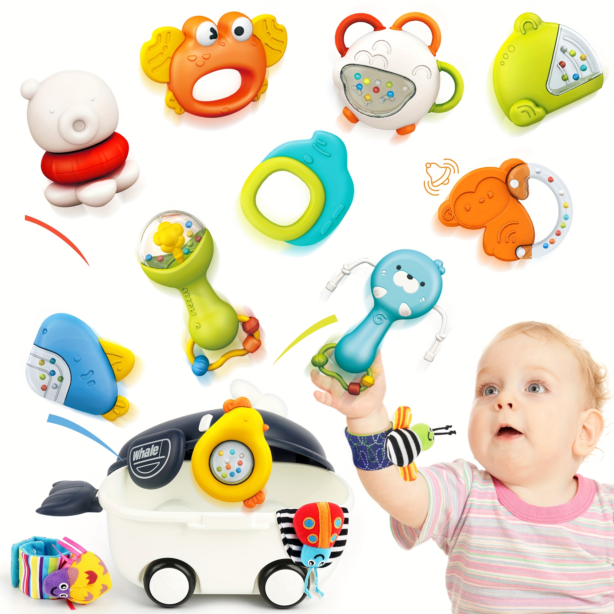 TEMU 13pcs Newborn Set With Teethers & Finder Toys - For 0-6 Months, Multicolor Developmental Stimulation Kit For Motor Skills, Christmas Shower