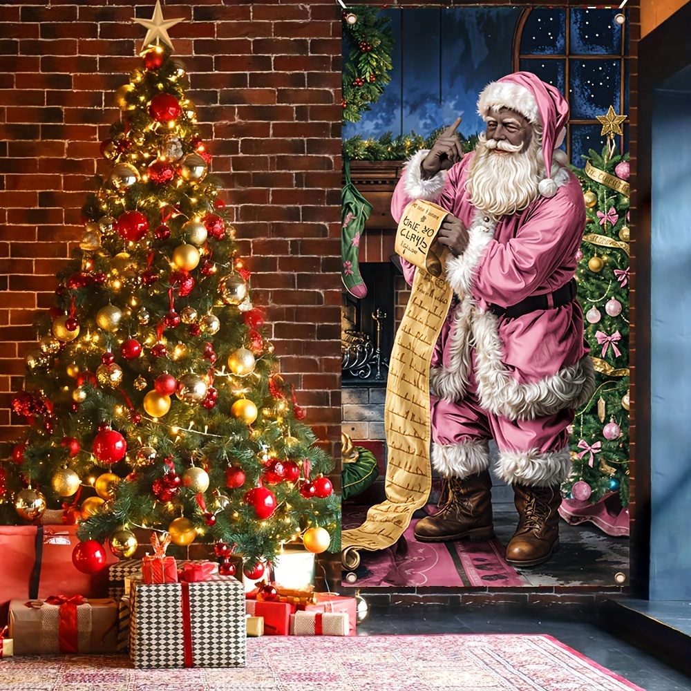 

1pc, Christmas Decorated Door Panels, Pink Santa Looking At The Gift List Background, Indoor Outdoor Hanging Banners Photography Decorative Props, 35.4*70.8inch