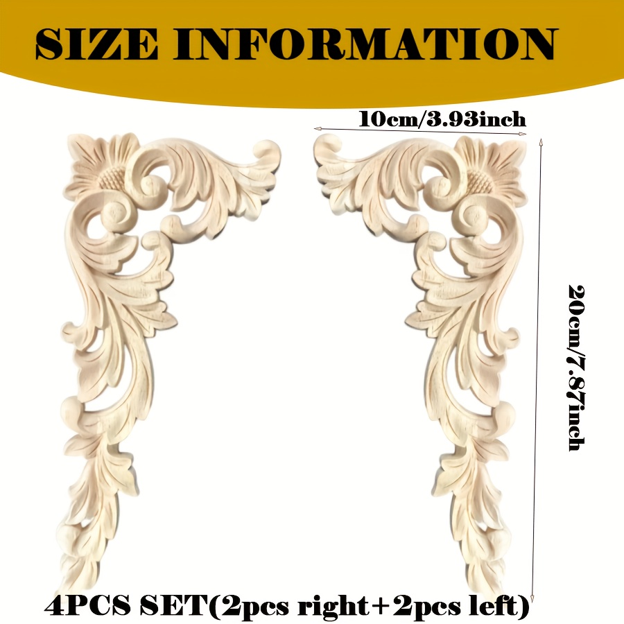 Image of 4-pack Carved Wood Appliques - Unfinished Floral Wooden Onlays For Home Decor, Cabinets, Dressers, Walls - Decorative Woodworking Corner Ornaments For Furniture