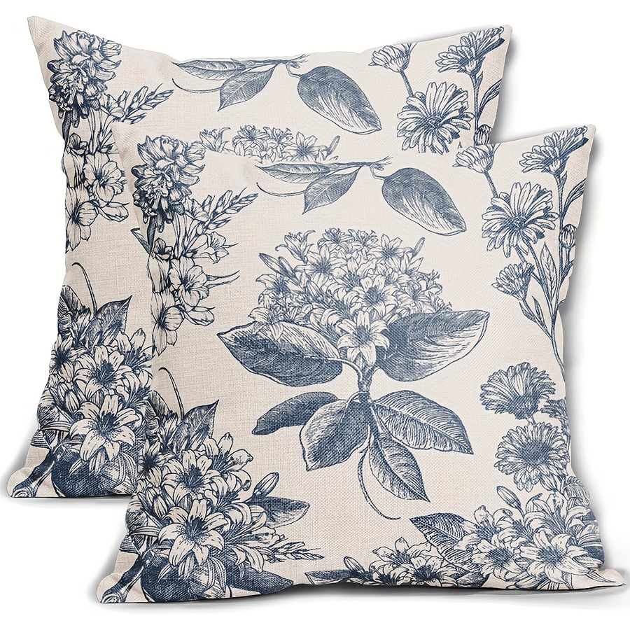 TEMU 2pcs, Vintage Floral Pillowcase Grey Blue Floral Pattern Print Decorated Outdoor Pillowcase Farmhouse Pillowcase Decorated Sofa Bed