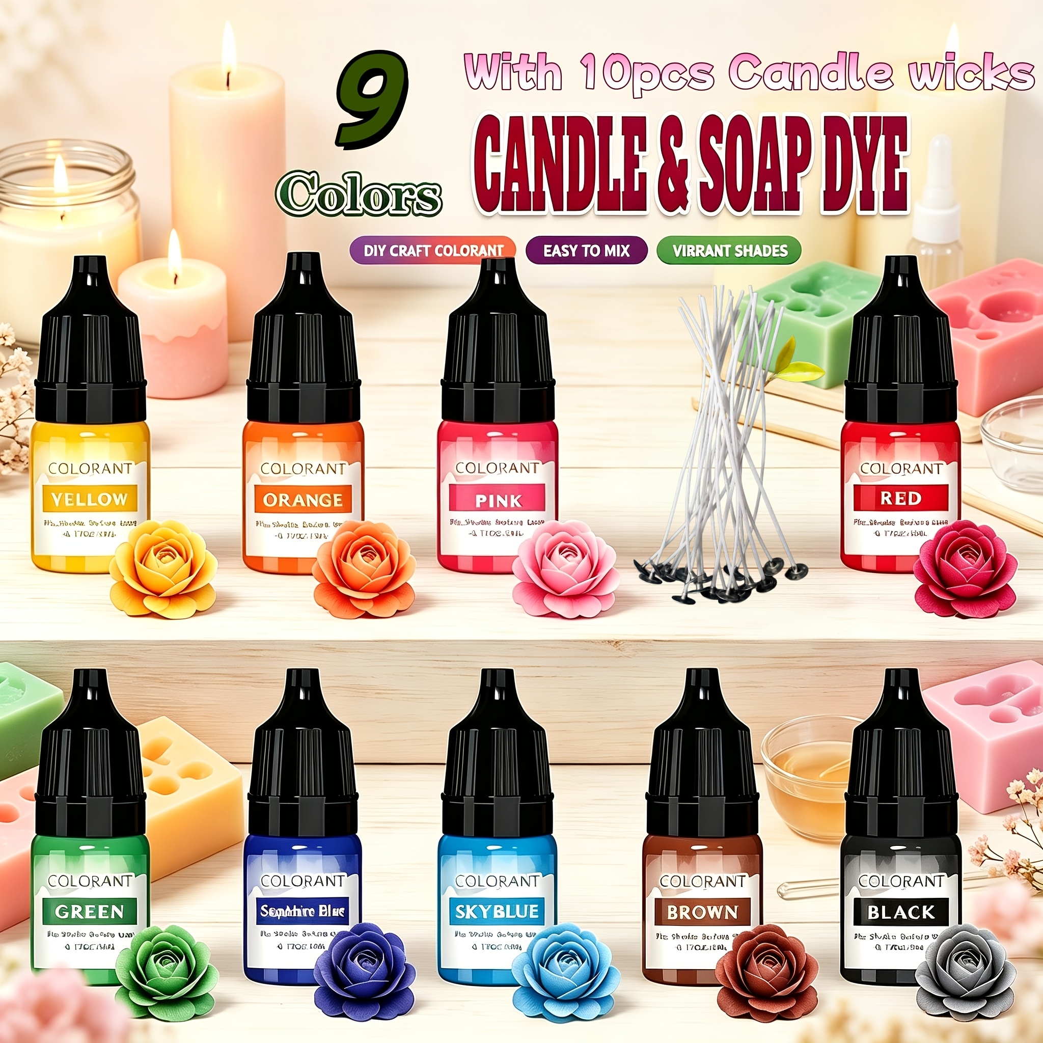 TEMU 19 piezas (9 colores con 10 de vela) Tinte concentrado para velas de gel y jabón - Compatible con cera de soja, cera de abeja, batik de gel -