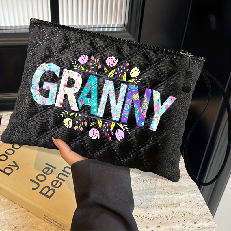 

Fashionable Nylon Cosmetic Bag With "granny" Print, Portable Waterproof Makeup Organizer With Zipper, Lightweight Handheld Travel Toiletry Pouch With Wrist Strap, Hand Washable - Black