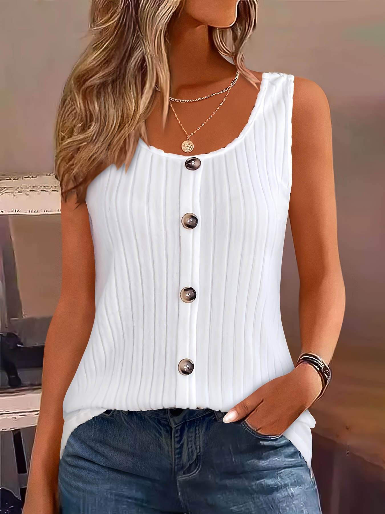 Women's Sleeveless Summer Top Vibrant Yellow Round Neck Button-Front  Casual Sexy Shirt, H-Silhouette Regular Fit, Machine Washable, Ladies Tops  And