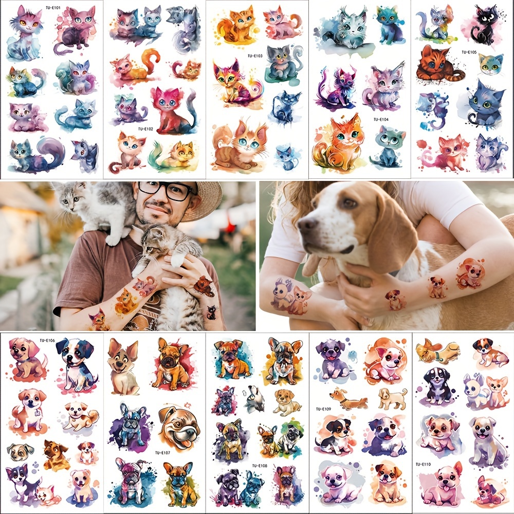 

10 Pcs Cat Dog Temporary Tattoos, Cute Cat Dog Fake Tattoo Body Art Stickers, Meow Arts And Crafts, Pet Lover Party Favors Animal Themed Birthday Party Supplies Decorations