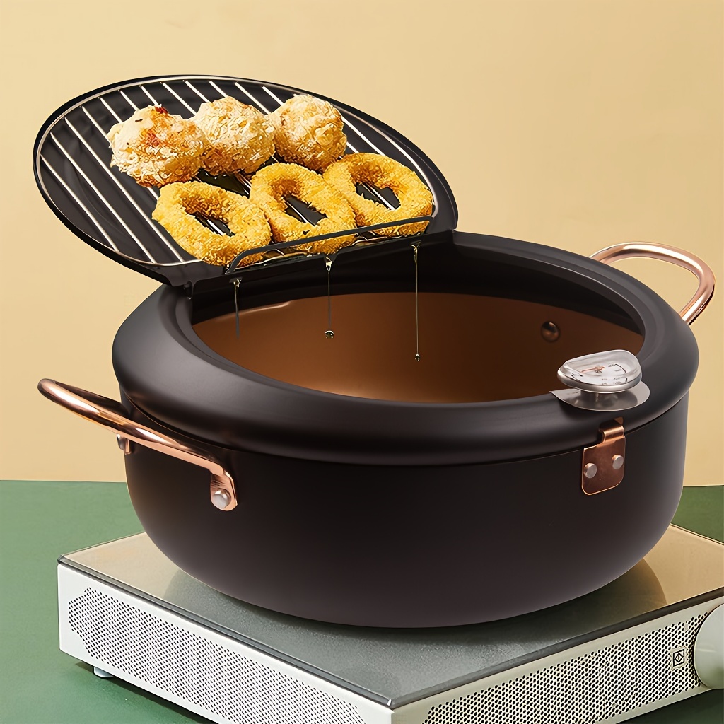 

Deep Fryer Pot, Japanese Tempura Frying Pot With Fahrenheit Thermometer, Nonstick Carbon Steel Oil Fryer, For Tempura//fish/chicken Fries, Easy Clean