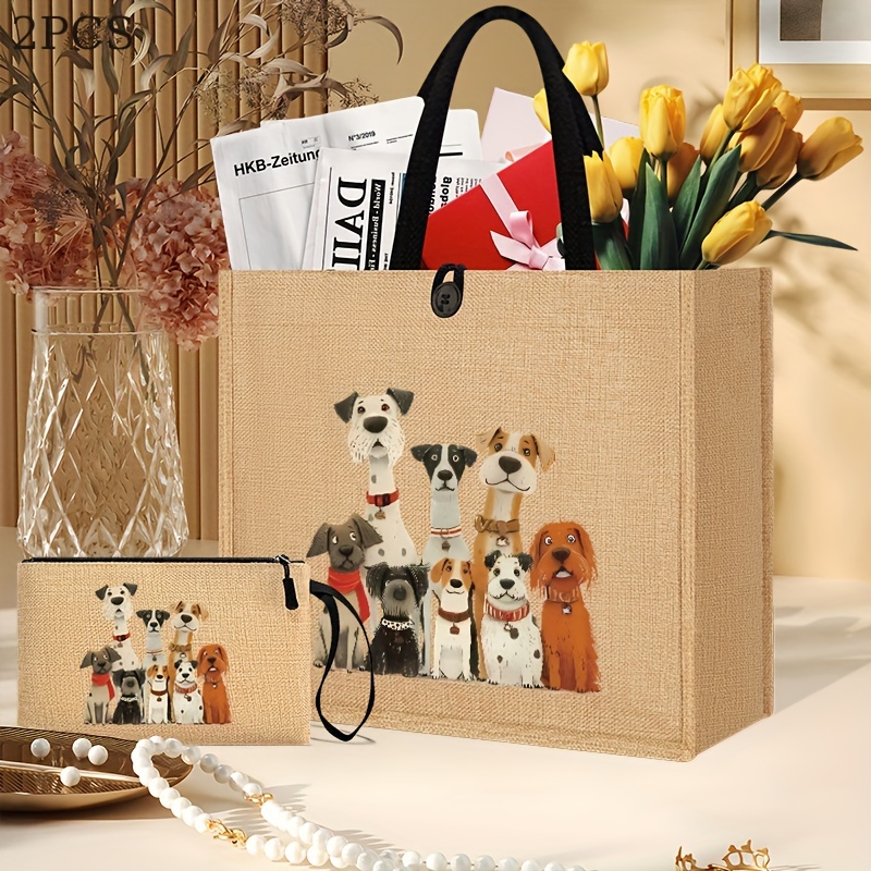 casual dog print tote bag set matching cosmetic pouch hand Temu