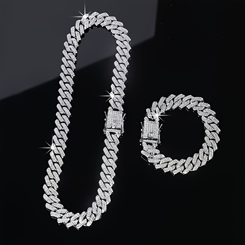 2pcs Shiny Rhinestone Cuban Link Necklace and Bracelet Set