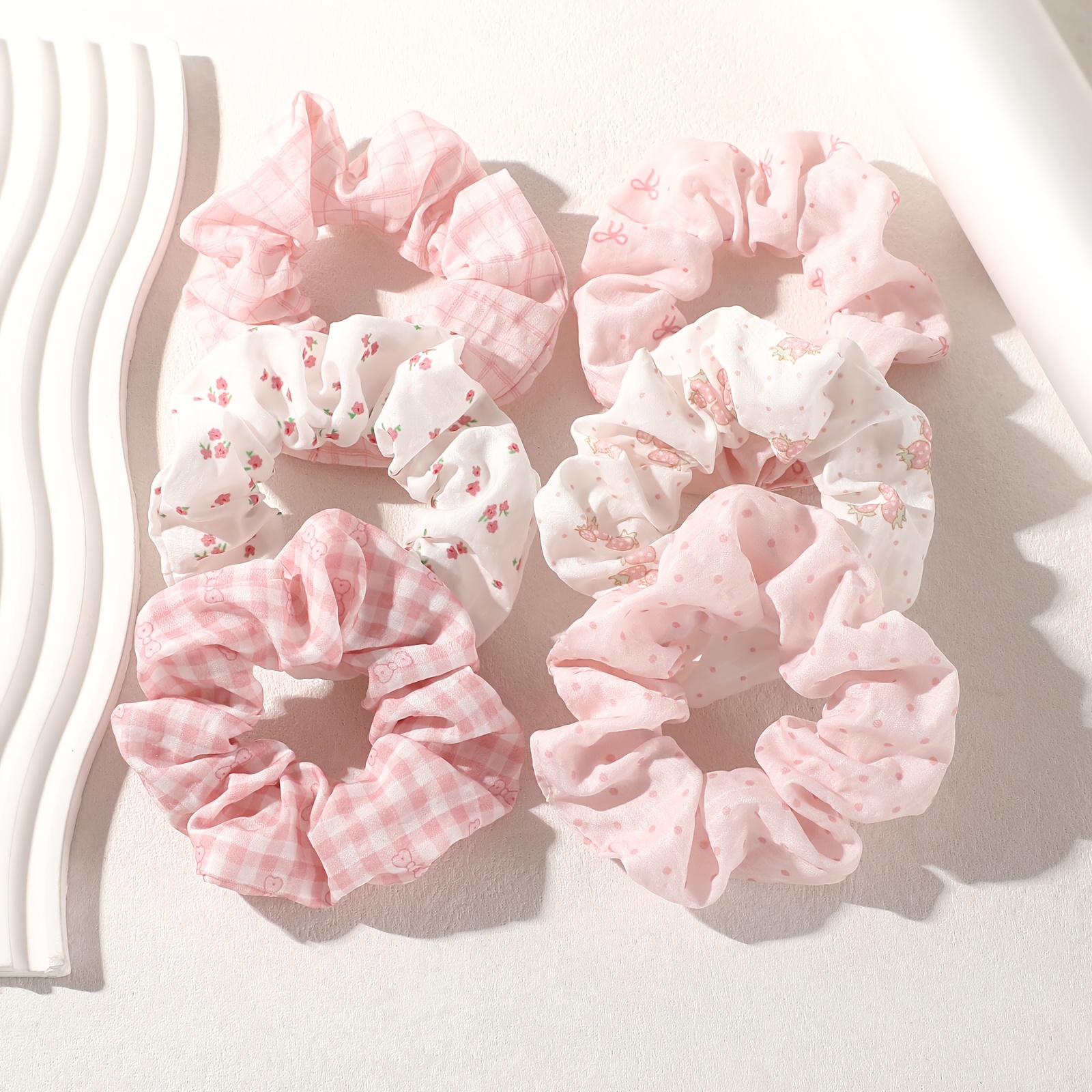 TEMU 6pcs Rose Doux Frais Floral Carreaux à Pois Nœud Fraise Imprimé Gras Fil Haut Crânien Top Tempérament Ajouts Cheveux