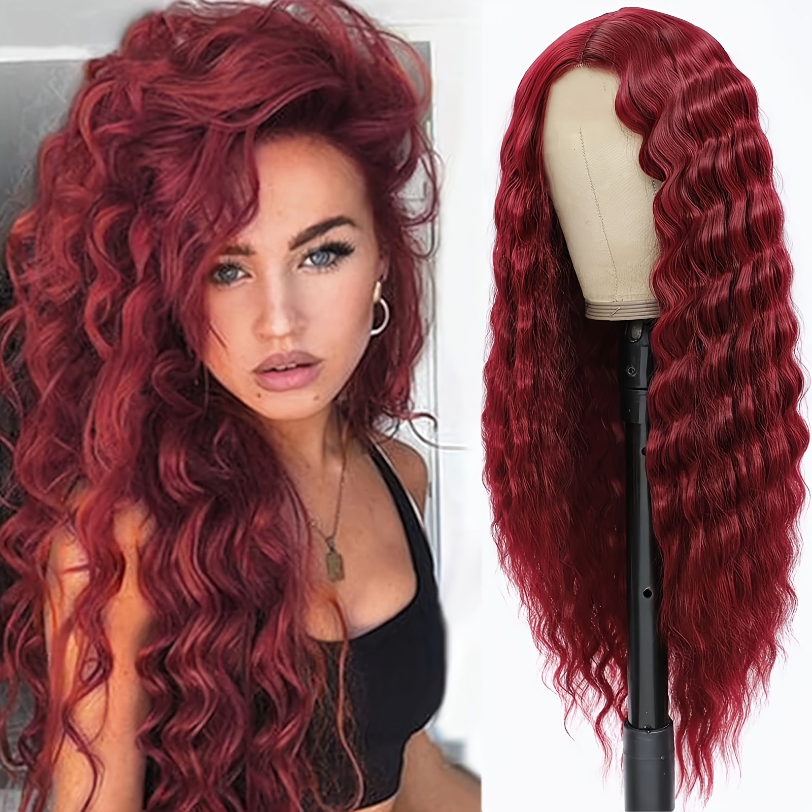 TEMU 1 Burgundy Wig For Women, 28 Inch, Hair, Unscented, Styling Tools Set For Wear, Party, Cosplay &