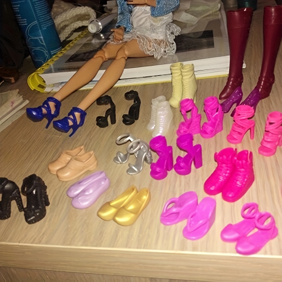 32pcs Doll Dress-Up Set for Girls, Assorted Styles with 10 Outfits, 10 Shoes, 6 Crowns, 6 Necklaces, Fashion Accessory Collection, Mixed Color, Durable Plastic Material