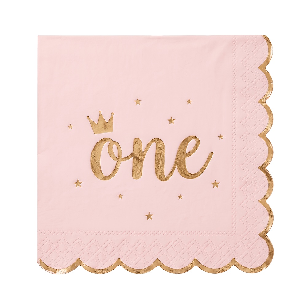 TEMU 16/48pcs Pink And White Gold- First Birthday Napkins, Crown -stamped Printed Napkins, Pink And White, First Birthday Party Disposable Decorative