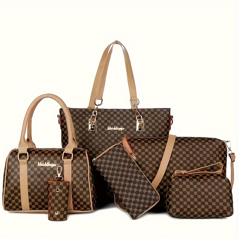 6pcs Women'S Fashionable Geometric Print PU Handbag Set