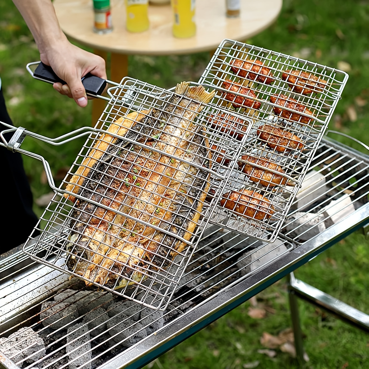 TEMU Stainless Steel Bbq Grill Basket - Large, Foldable & Portable For Fish, Shrimp & Vegetables - Perfect For Outdoor Camping, Picnics & Parties -