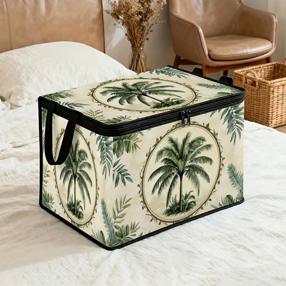 TEMU 1 bac de rangement couvert avec un motif de palmier tropical côtier vintage, idéal pour organiser, le linge ou les décorations de fêtes, aide à