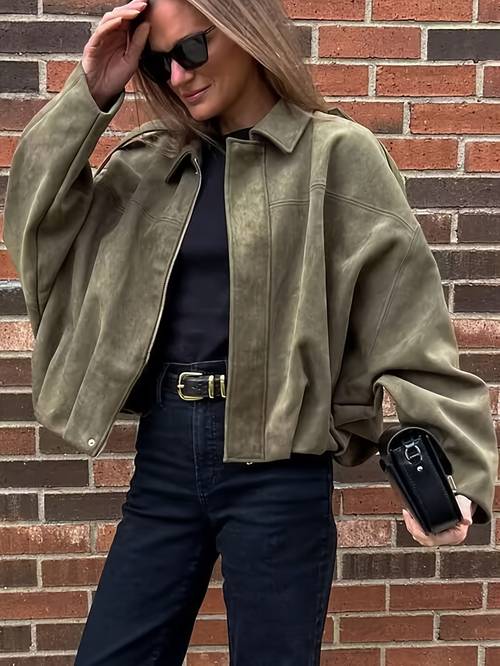 Autumn and Winter Women s Fashion Jacket with Batwing Sleeves Zip-Up Casual Outerwear
