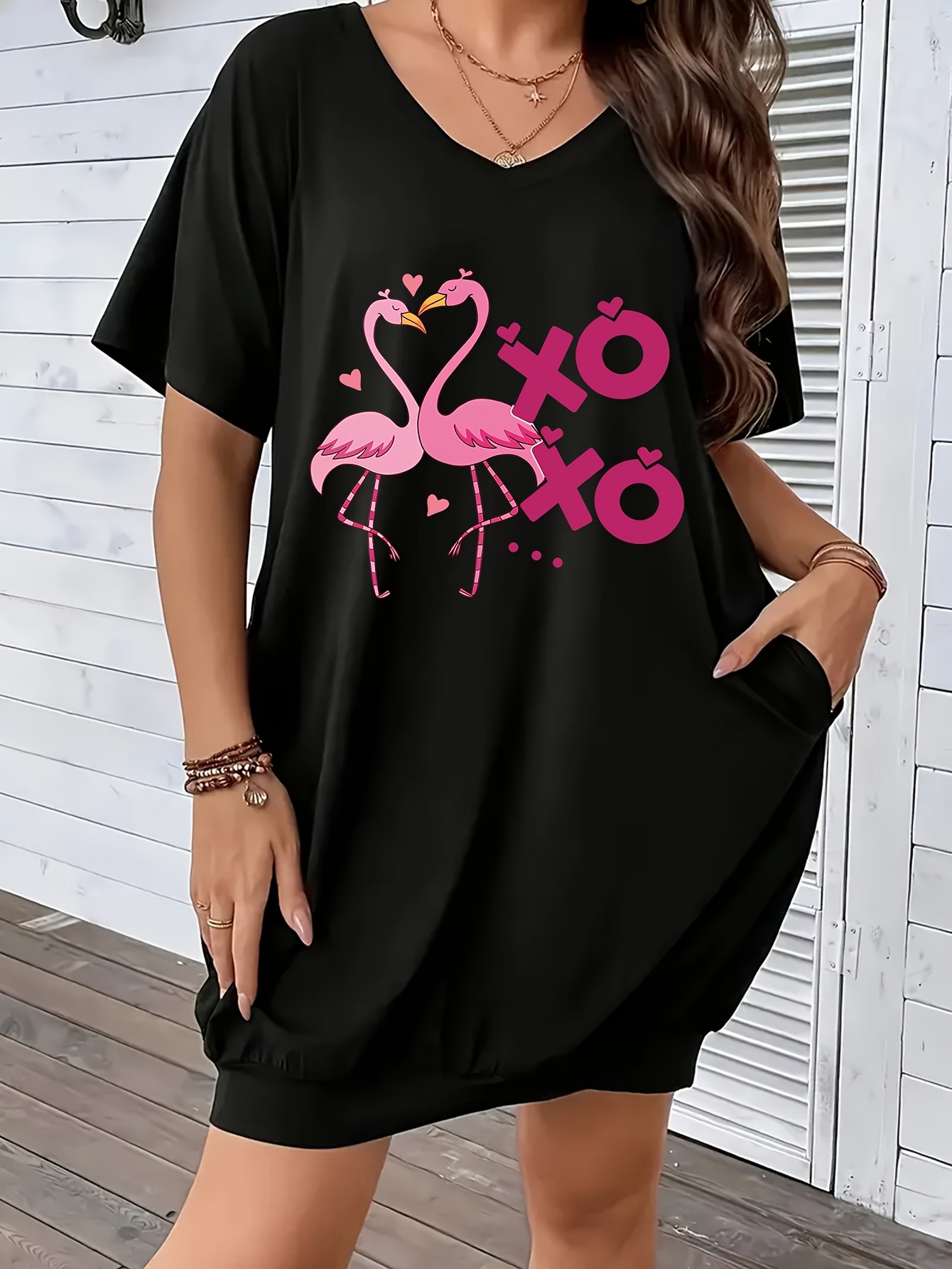 plus size v hals jurk met flamingo print voor dames Temu Belgium