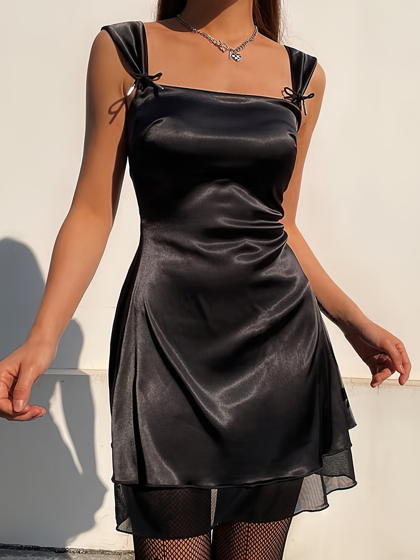 womens sexy square neck sleeveless satin gauze dress - Temu Spain