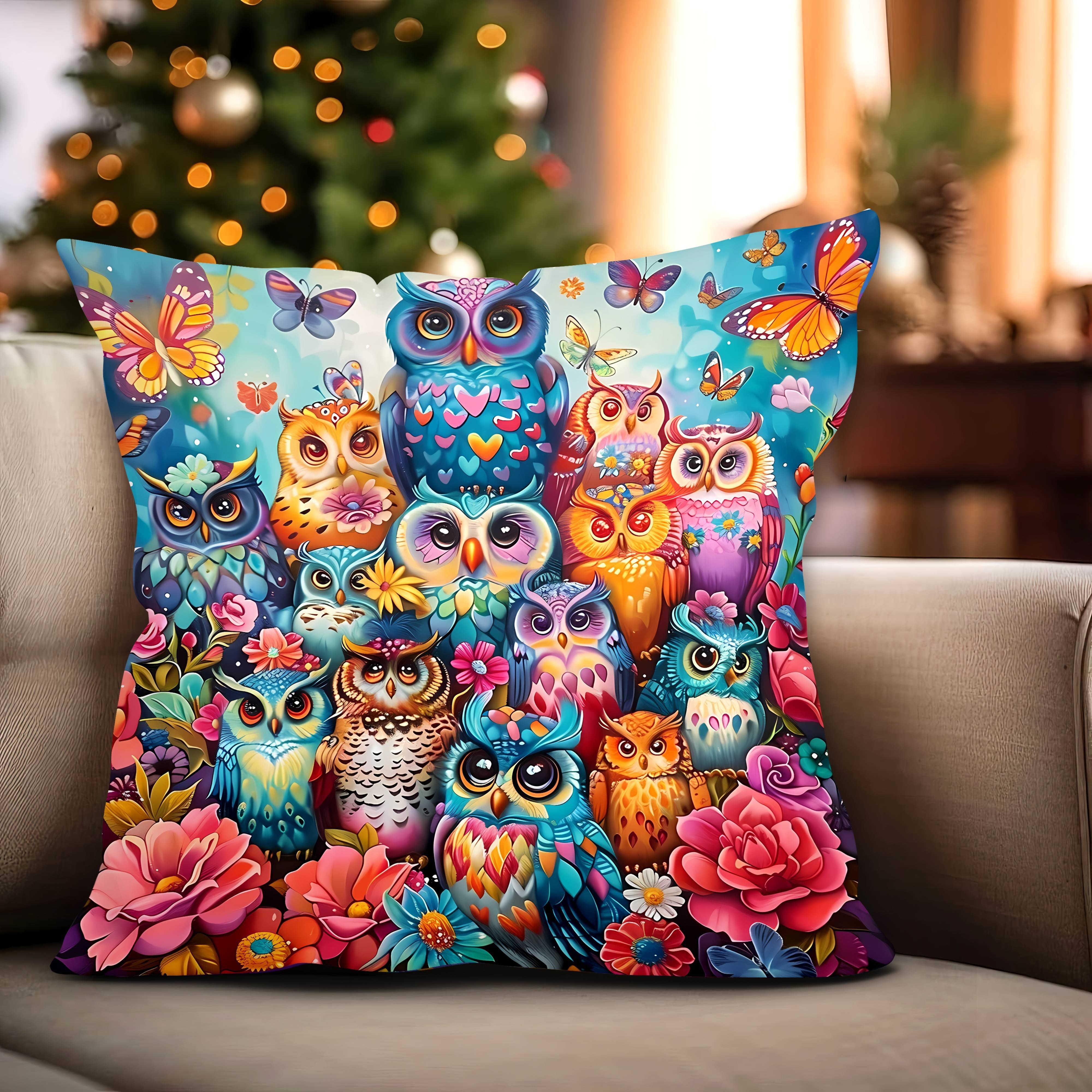 

Soft & Cozy Owl Pattern Throw Pillow Cover 17.7"x17.7" - Zippered, Machine Washable For Home, Office, And Car Decor