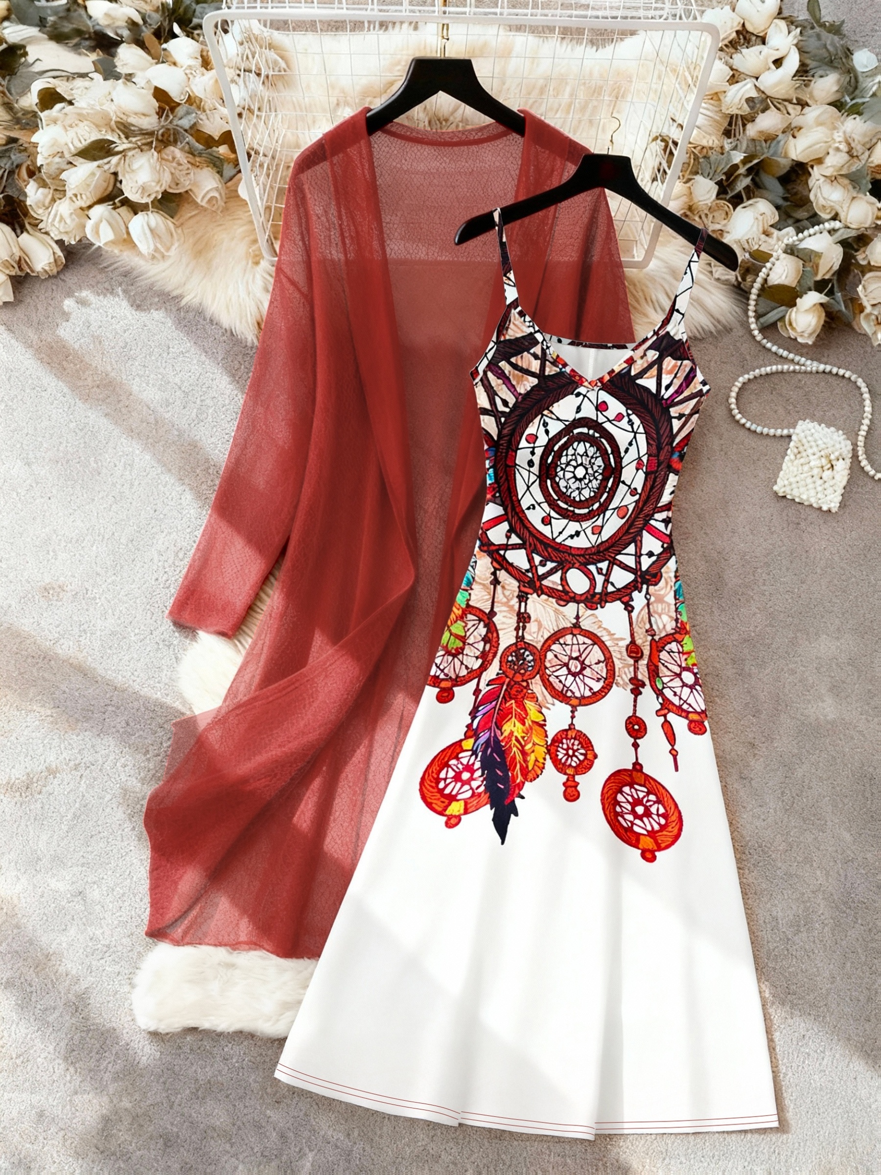 solid color cardigan long with plant print halter dress elegant 2pcs set |  Free Shipping On Items Shipped From Temu | Temu Bahrain