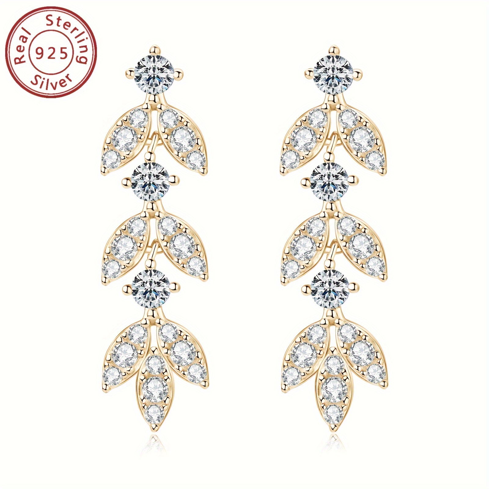 elegant luxury leaf drop dangle earrings 14k golden plated 925 sterling silver with synthetic moissanite april birthstone christmas wedding holiday jewelry gift for women details 11