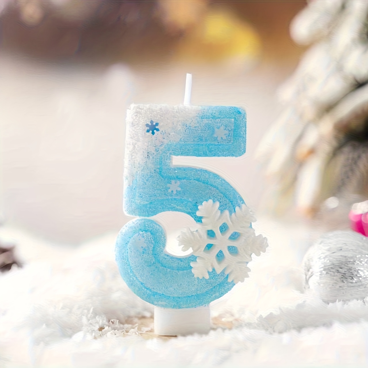 Image of Ice And Snow Theme Birthday Candle | Paraffin Wax, Single-wick, Glitter Embellishment, Indoor Use, Polypropylene Base