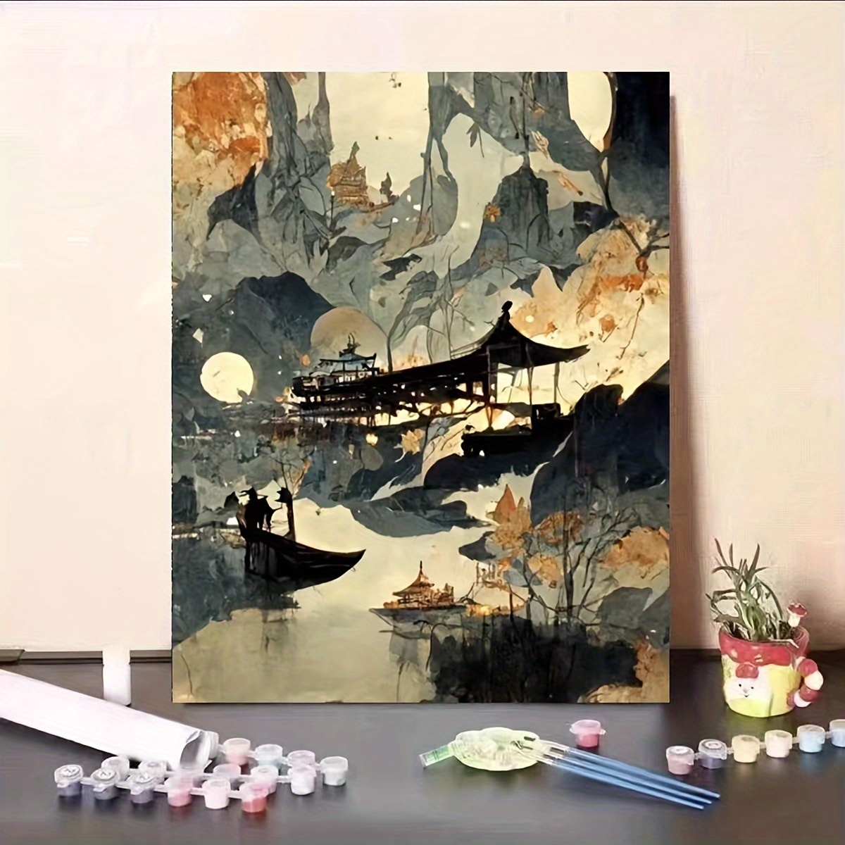 ミニマリストのモダンな手描きの風景油絵x5 油彩画