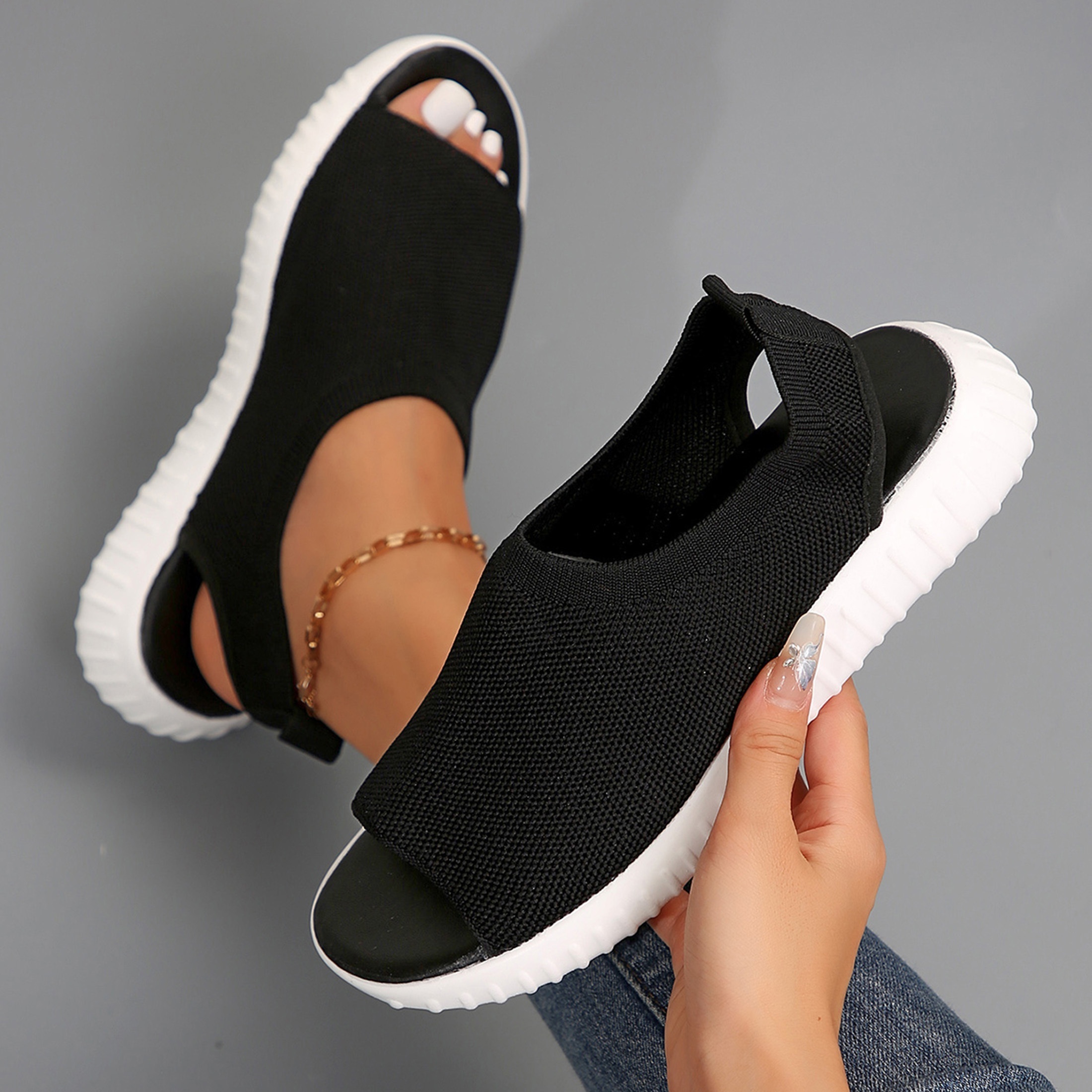 

Chic Women's Sandals: Comfortable Slope Heel, Thick Bottom, Fish Mouth Mesh For Summer Style