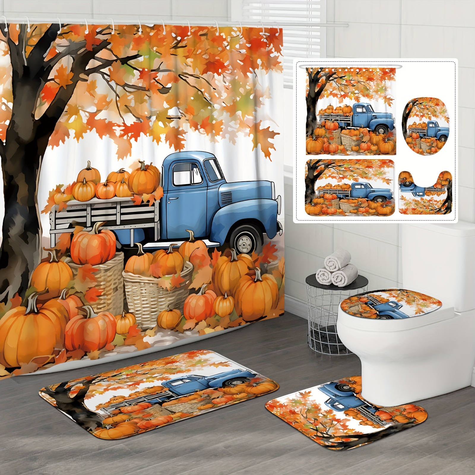 

Rustic Autumn Truck And Pumpkin Shower Curtain Set With Bath Mat, U-shape Toilet Cover, Water-resistant Polyester, Machine Washable, Includes 12 Hooks, Pastoral Theme For Bathroom Decor - 71x71 Inch