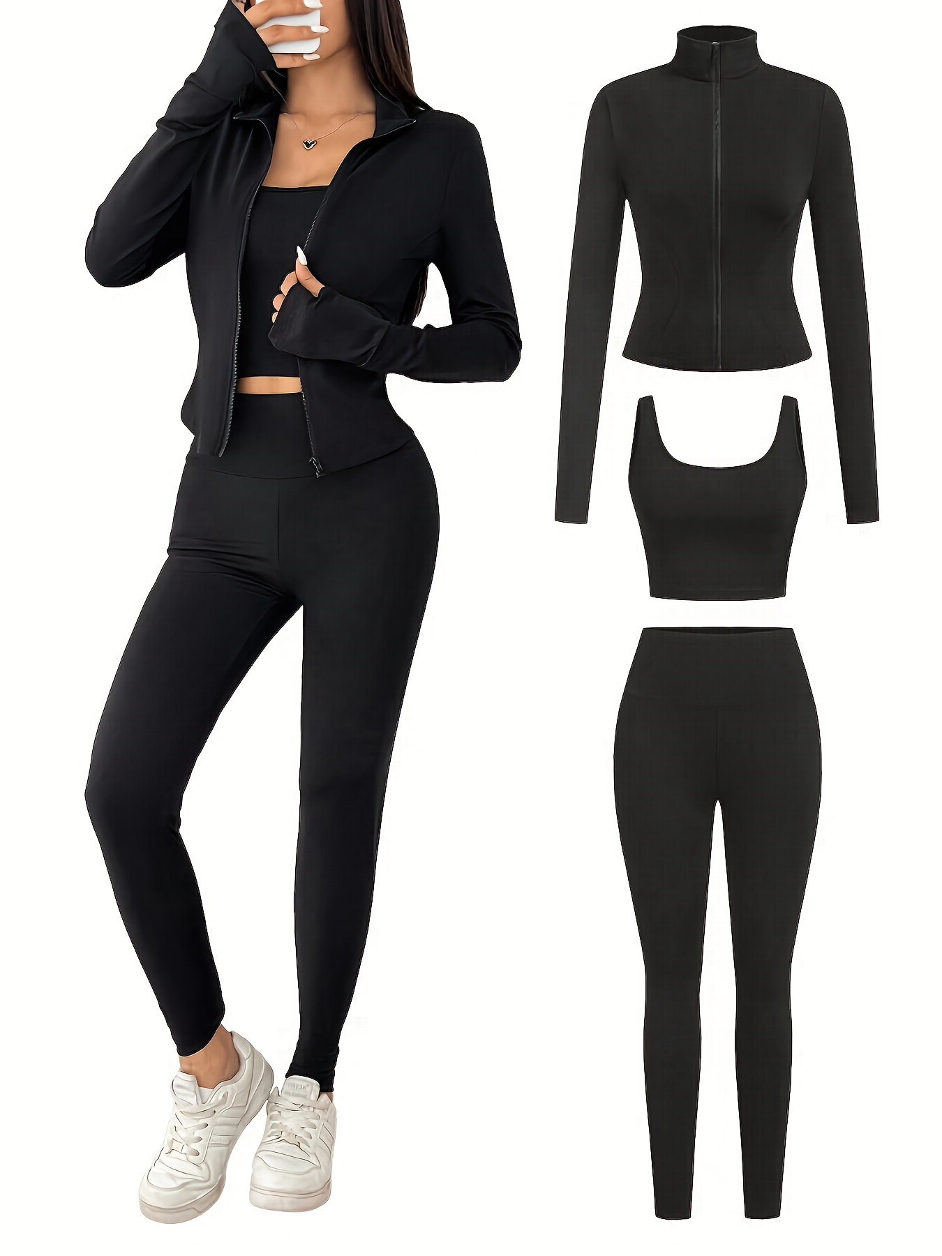 new womens casual athletic 3pcs set with zipper thumb hole long sleeve sports jacket sports tank top and high waist skinny   sports long pants for exercise fitness yoga and casual attire details 0