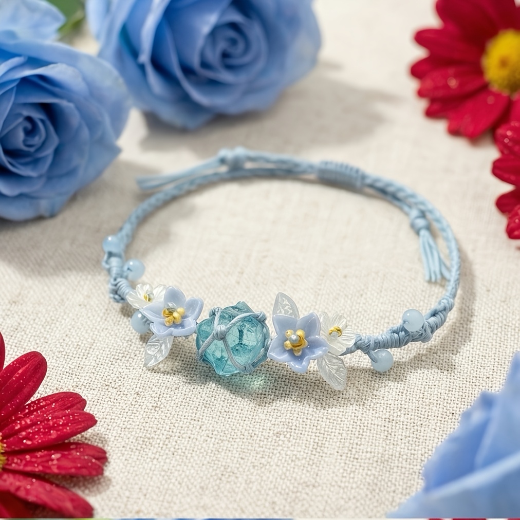 TEMU 手織り ブルールブレスレット 合成ブルーとの花 アイスブルーのクールトーン ニッチデザイン スタイル レディースジュエリー