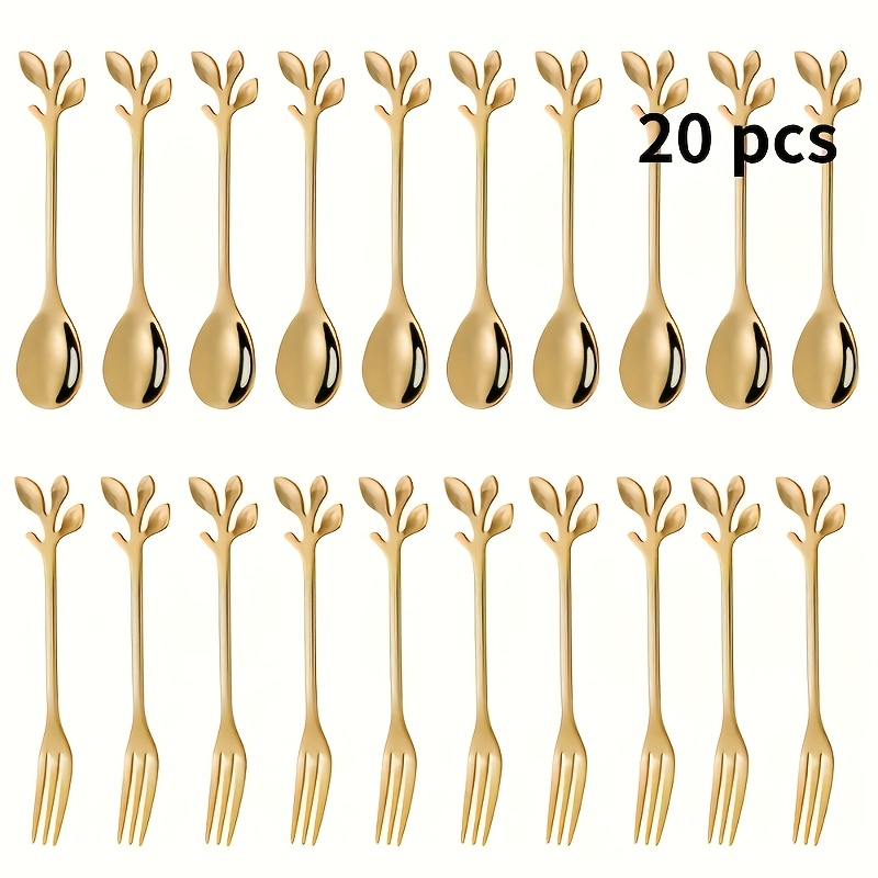 TEMU Juego de 20 Piezas de Mini Tenedores y Cucharas para Café de Acero Inoxidable con Elegante - Duradero, Resistente al Óxido, Fácil de Limpiar |