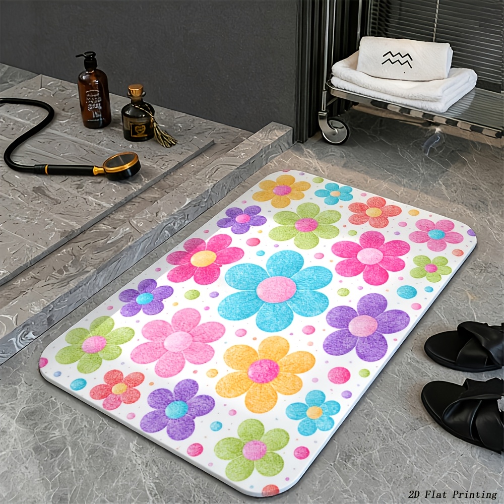 TEMU 2d Flat, 1pc Hd 2d Flat Printed Bathroom Floor Mat, Colorful Floral Pattern Bath Rug, Suitable For Front Door, Back Door, Bathroom, Kitchen,