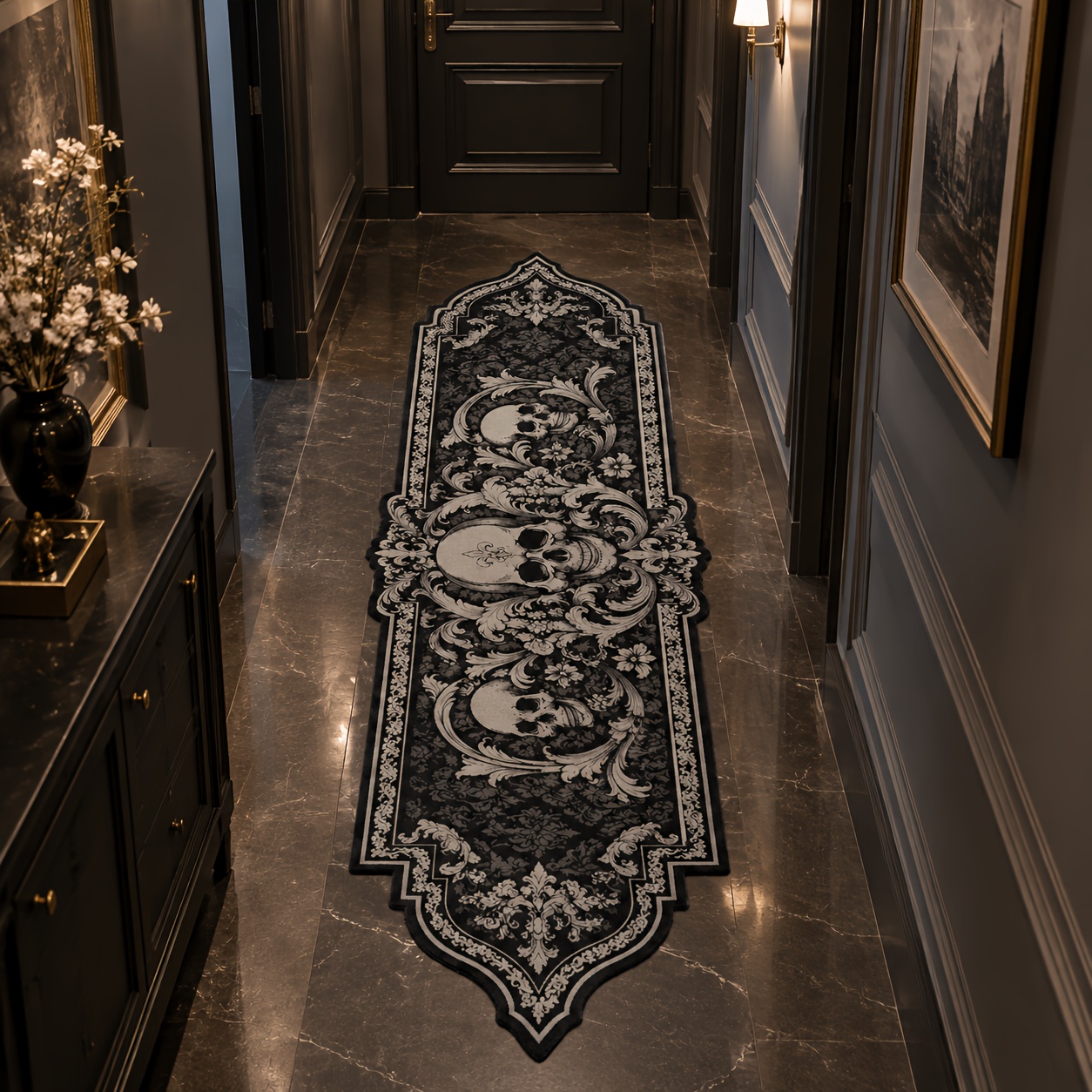 TEMU 1pc Dark Gothic Pattern Runner Rug, Black Gray Vintage Baroque Vine Floral And Element Pattern Hallway Mat, Suitable For Bedroom Entrance Living