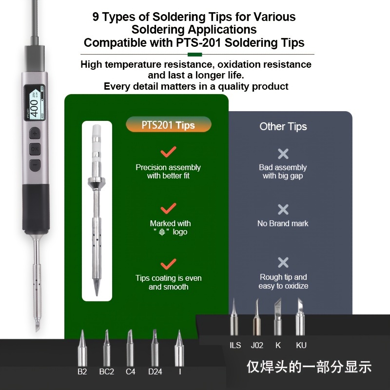 

100w Usb-c Pd Heating Soldering Iron Tip Set, Pts201 Programmable Alloy Iron, Adjustable Humidity, Anti-static, With 8s To 450°c, For Pc, Diy Portable Welding Pen, No Battery Required