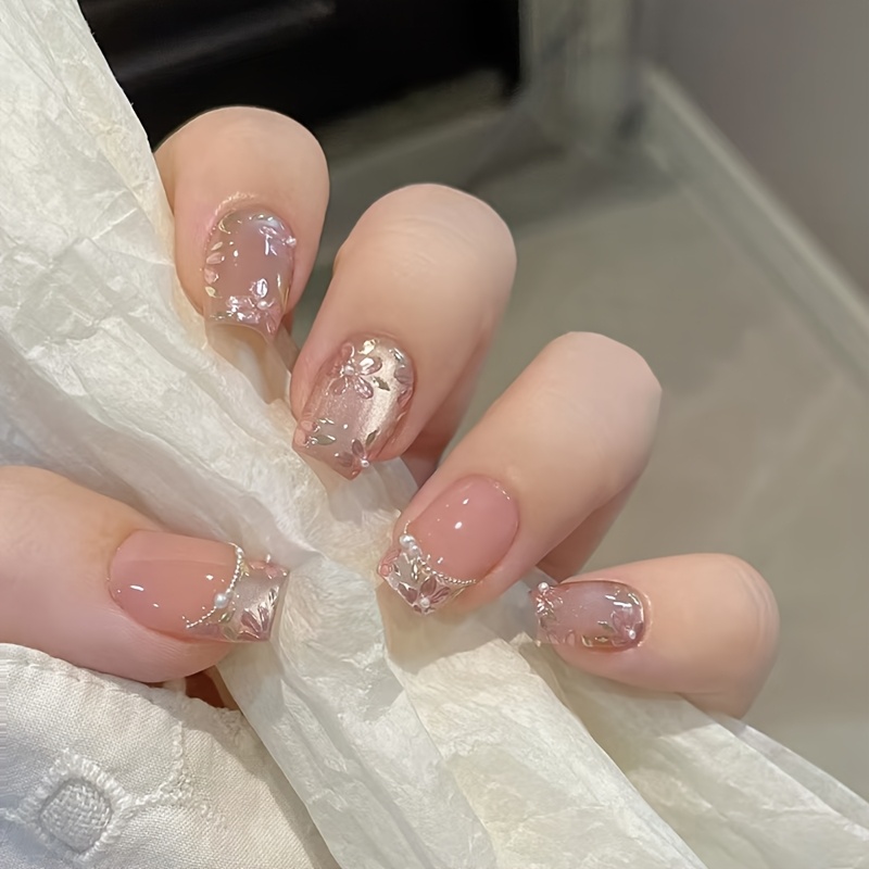 TEMU 24pcs Fleur Cat-Eye Perle Mode Française Fille Douce Blanc Détachable à Ongle Diamant