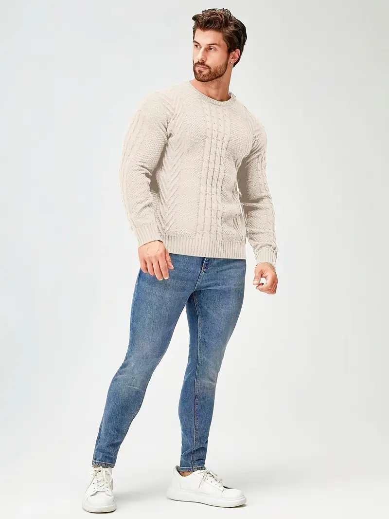 mens winter warm knit sweater soft round neck long sleeve casual pullover solid color beige navy machine washable thick sweater jacket for cold weather office casual attire Product details 19