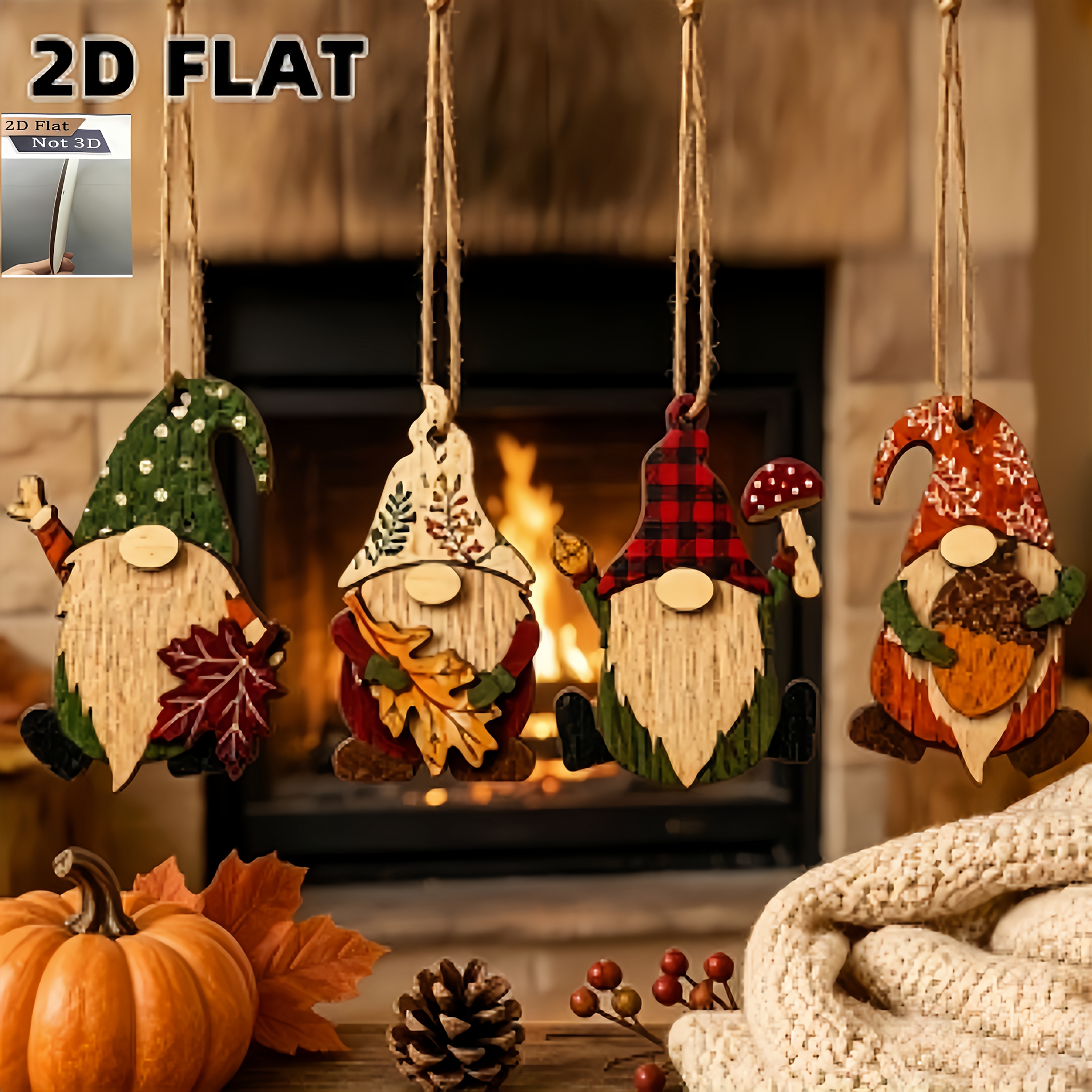 TEMU 2d Flat, 2d Flat 4pcs Wooden Autumn Gnome Hanging Ornament Set, 2d Flat Maple Leaf Dwarf Christmas Tree Hanging Decoration, Vintage Wooden