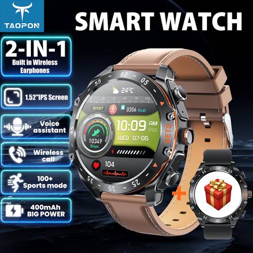 in 1 smart watch and wireless earbuds 1 52 ips hd large screen wireless answering 400mah long built in headphones timer stopwatch sleep monitoring 100 sports outdoor sports fitness calorie