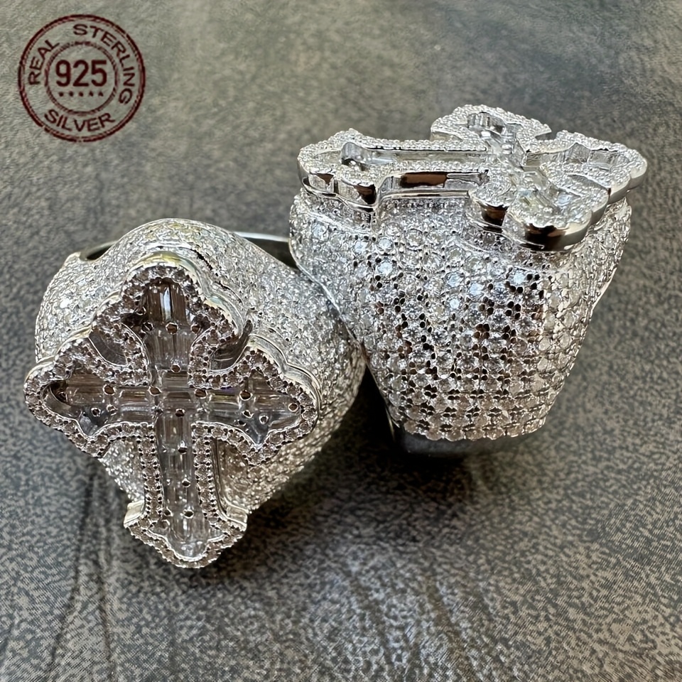 Luxury 925 Sterling Silvery Iced Real Baguette Cross Shaped Ring For Men Fashion HipHop Gothic White Gold Plated Jewelry