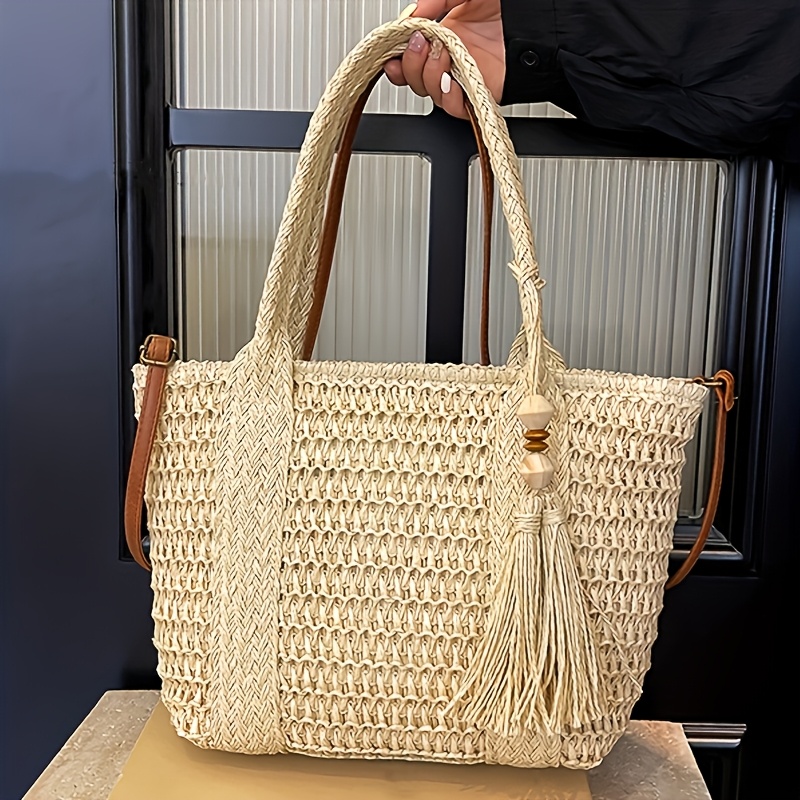 TEMU Perfect Lily Women's Large Capacity Woven Straw Bag With Adjustable Shoulder Strap And Zipper Closure - Tassel Decoration, Beaded Charm, With A