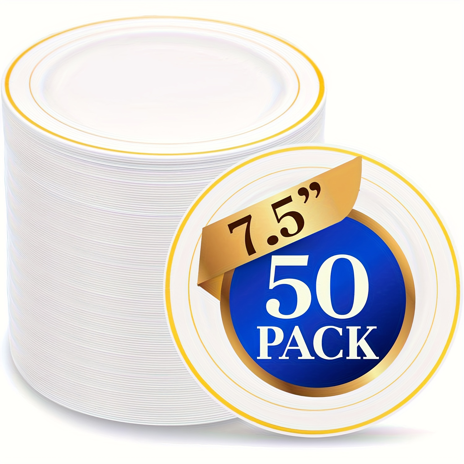 Image of 50pcs White Plastic Plates With Golden Edges, 7.5-inch Heavy-duty Reusable Plates, Ideal For Parties, Weddings, Birthdays, Dances, Valentine's Day, Easter, Christmas, Carnival, 's Day, Halloween