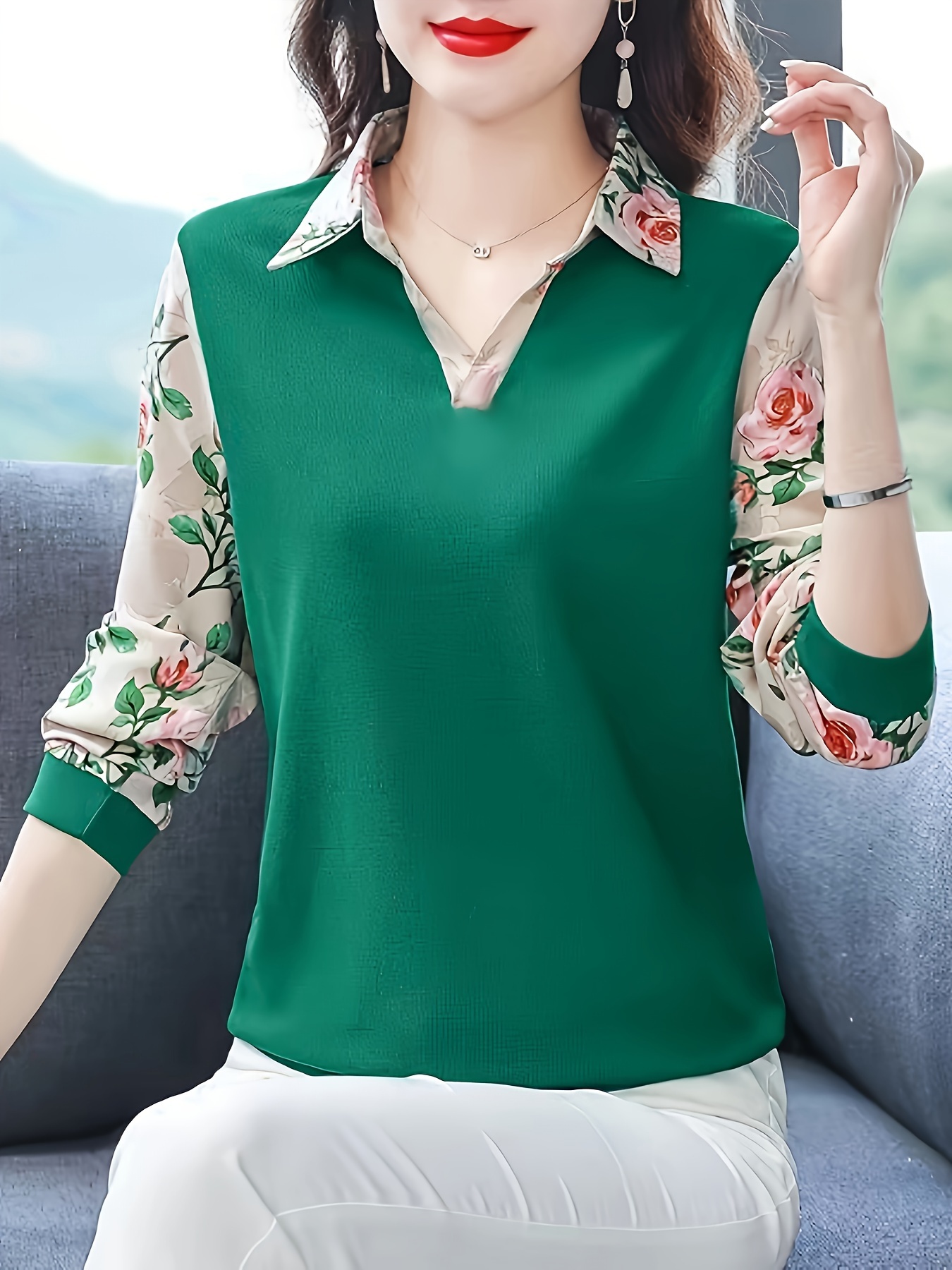 Blusas de mujer Camisa de retazos con estampado floral para mujer Blusas  casuales con botones y cuello en V de manga larga