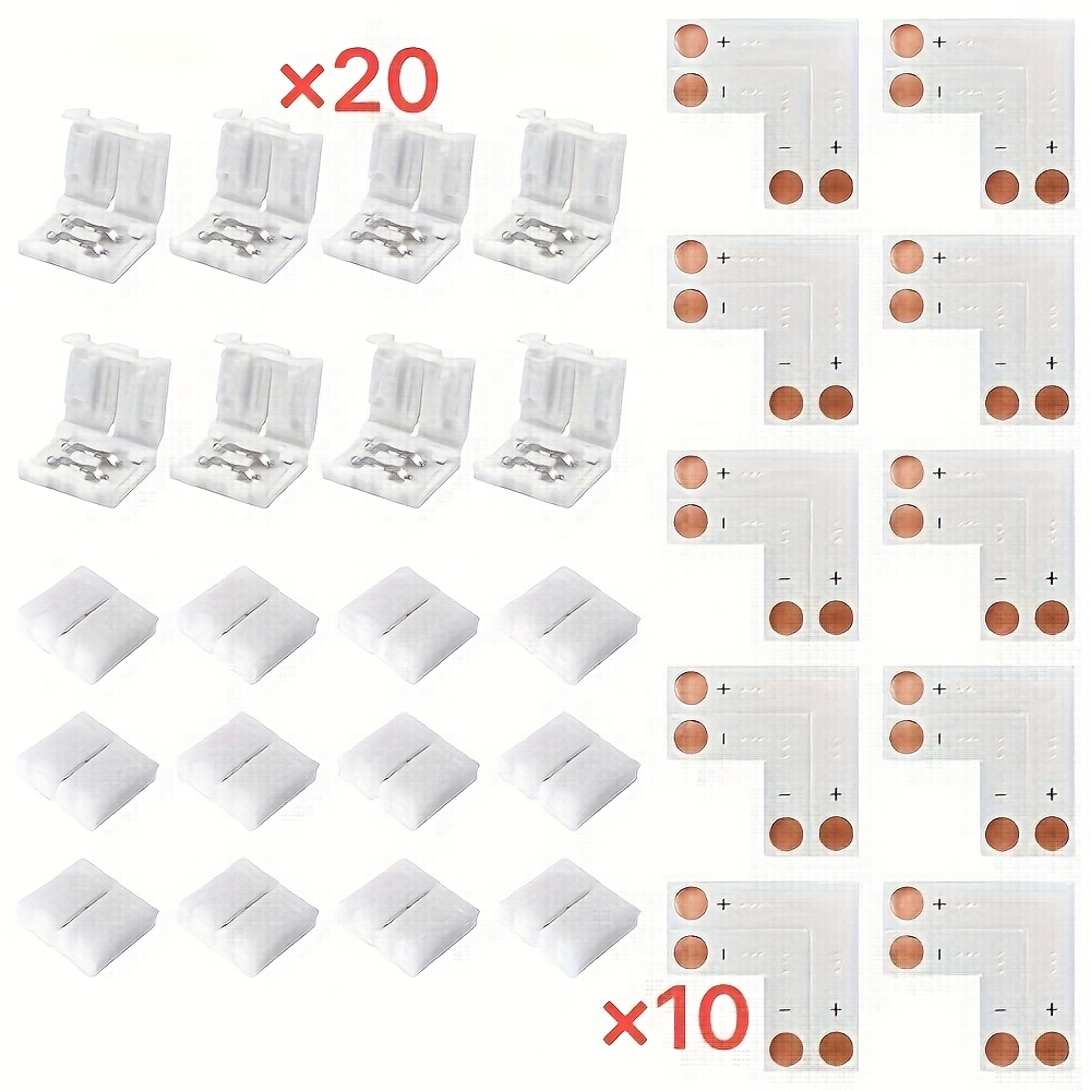 30pcs 2-pin Led Connectors With 20 Clips - 8mm Right Angle Solderless Adapter For Led Strips, White Plastic, Durable And , Diy Projects, Led Strip Lights