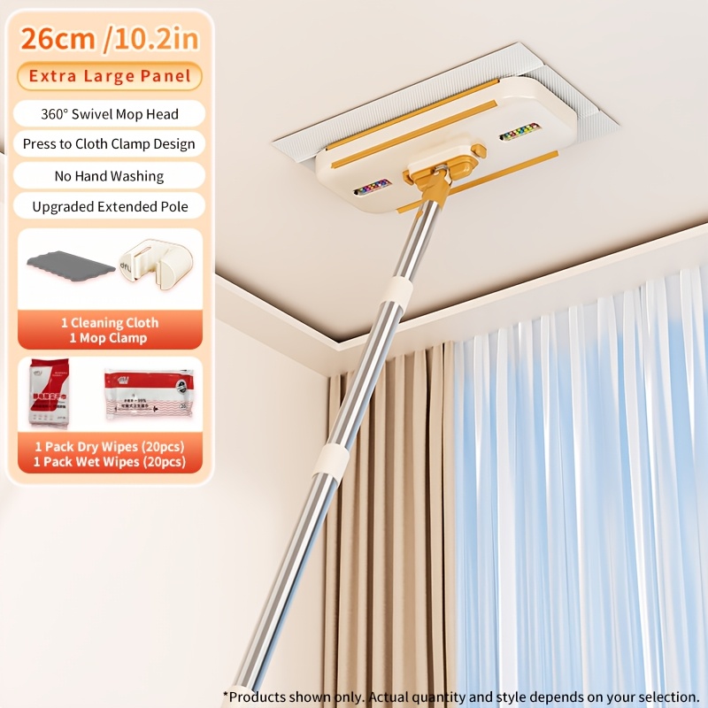 TEMU One-button Automatic Fabric-clamping Flat Mop With Cloth Replacement For , 360-degree Rotation For Dry And Wet Use, 26cm Enlarged Panel With