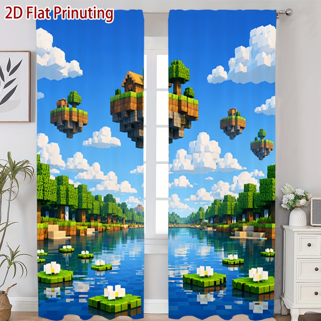 TEMU 2pcs Panel 2pcs Pixel Art Curtains Suitable For Living Room, Semi- Privacy Window Panels With Pixel Island Print, Modern Pocket, Bedroom, -