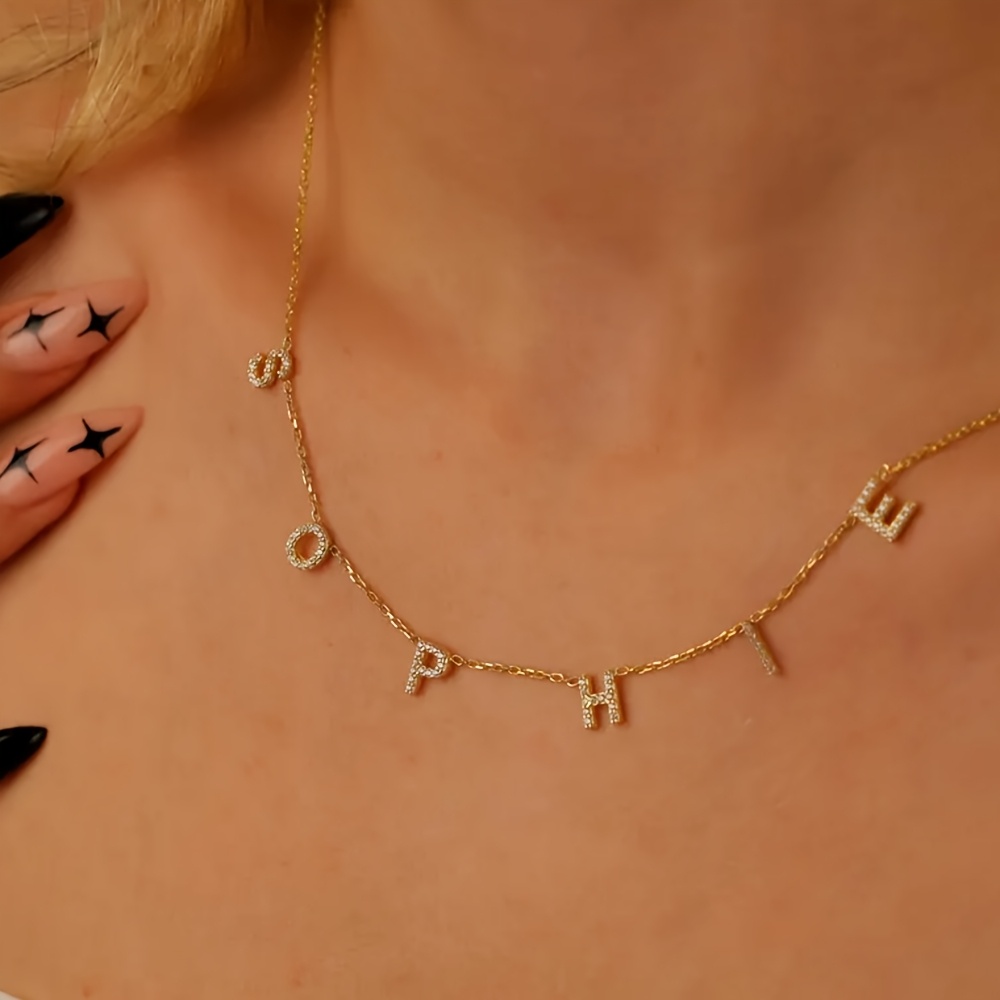 TEMU Collana Personalizzata con Zirconi Sintetici - Pendente 1-4 Lettere in Acciaio Inossidabile, Catena Minimalista , Elegante per Donne, Regalo ,