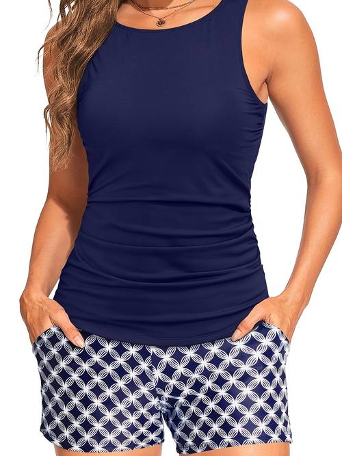 tankini swimsuits with shorts 2pcs tummy control bathing suits high neck swimwear with two side pockets