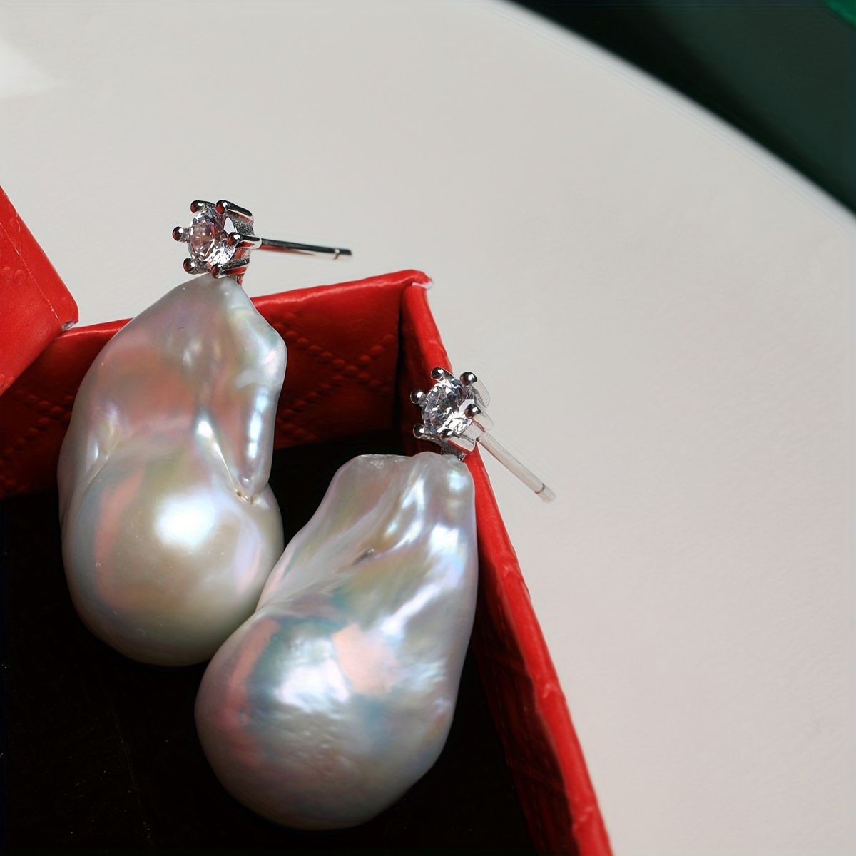 Image of 1 Pair Of High-end Zirconia Inlaid With Natural Irregular Shapes 20-25mm Freshwater Baroque Earrings S925 Pure Silvery Women's Jewelry Gift