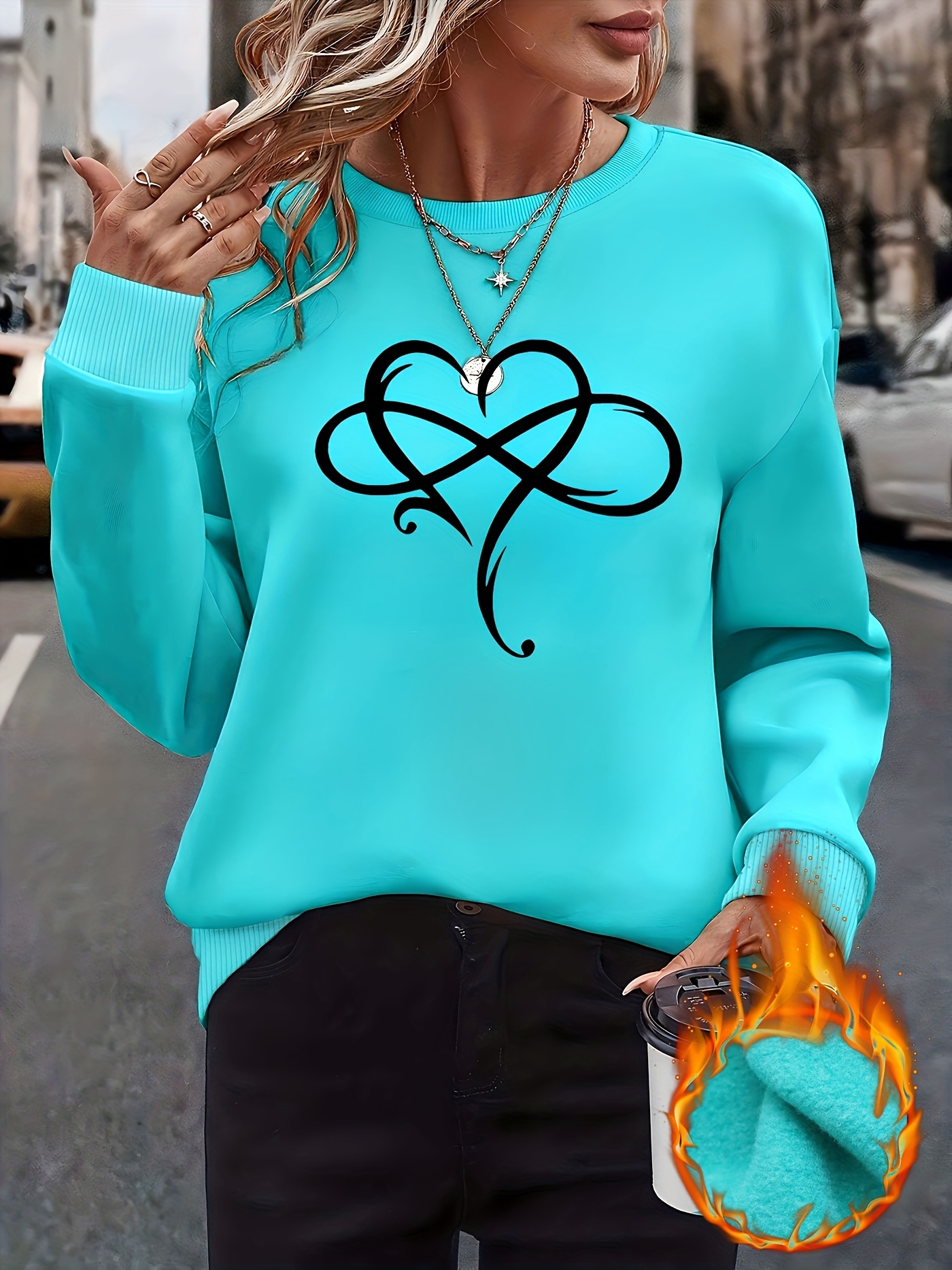 Women'S Cozy Fleece-Lined Long Sleeve Crewneck with Elegant Heart Design - Soft, Warm, and Stylish for All Seasons, Perfect for Lounging at Home, Cozy Loungewear | Heart Pattern Pullover | Soft Fabri