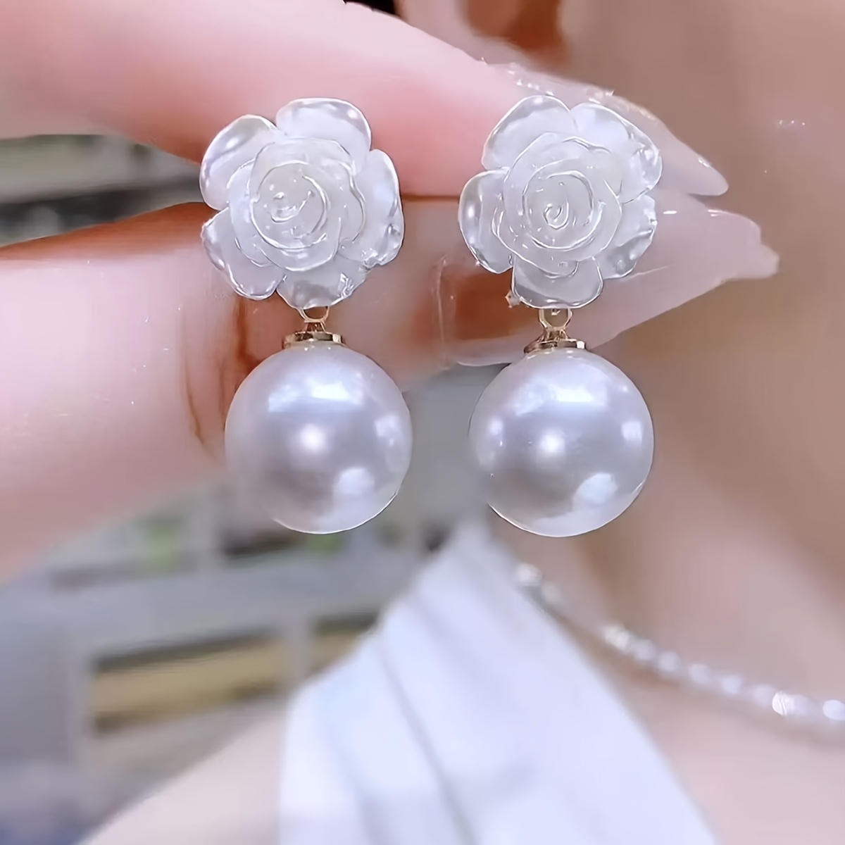 TEMU White Flower Earrings Temperament All-match Bead Studs High-end Sense Ear Jewelry